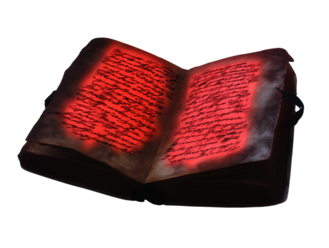 Open book with glowing red pages on transparent background
