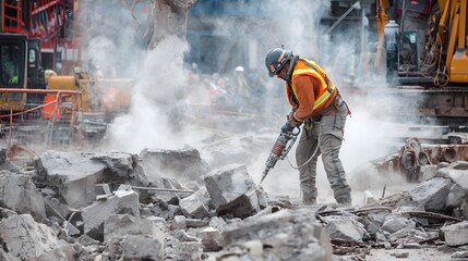Obraz premium Construction worker utilizing a jackhammer, breaking up concrete during a demolition project, with safety vest and protective gear, amidst dust clouds and heavy machinery, illustrating manual labor.