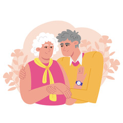 Elderly couple embracing affectionately with floral accents