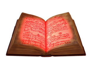 Open book with red cursive script on transparent background