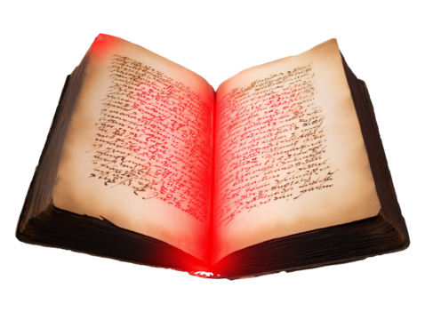 Open vintage book with cursive text on transparent background