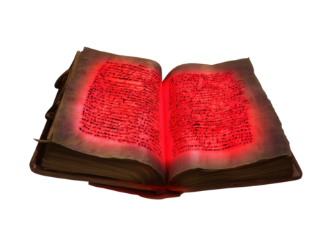 Open book with bold red cursive text on transparent background