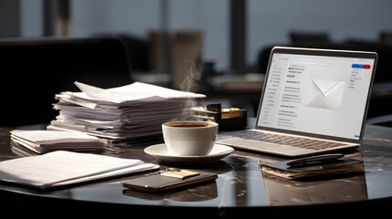 Steaming cup of coffee sits beside a laptop displaying an email interface, amidst stacks of paperwork, a phone, and a notepad, suggesting a busy office environment.