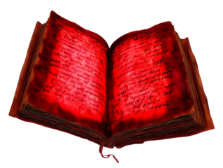 Vintage book with reddish-brown cover and handwritten text on transparent background