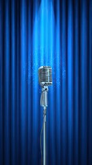 Silver vintage microphone stands on a metal pole before a blue stage curtain with blue spotlights