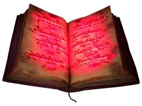 Open vintage book with red cursive text on transparent background