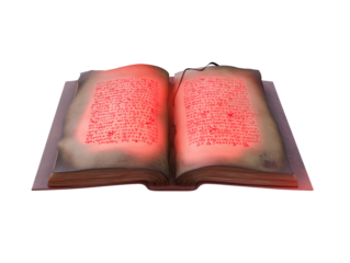 Open book with bold red serif text on aged brown pages, transparent background