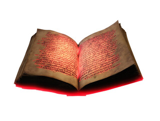 Open book with dense red script on transparent background