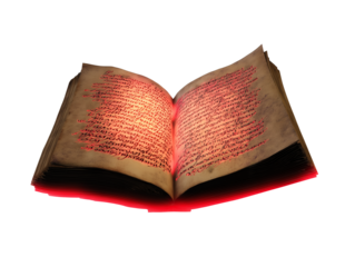 Open book with dense red script on transparent background