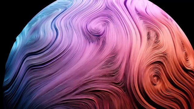 Abstract spherical form with swirling, layered patterns in blues and purples