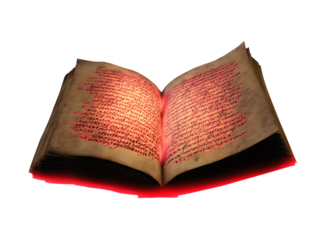 Open book with dense red script on transparent background