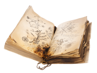 Open vintage book with weathered yellowed pages and intricate black ink illustrations on transparent background