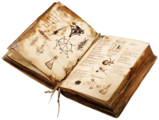 Open aged book with yellowed pages and intricate illustrations on transparent background