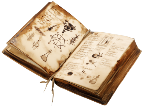 Open aged book with yellowed pages and intricate illustrations on transparent background