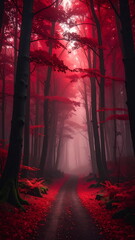 Atmospheric photo of a dark red forest, eerie lighting, and creepy surreal ambiance, evoking fantasy or horror vibes in a moody autumn landscape.