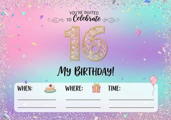 Decorative Golden Number Sixteen for Birthday Celebration Invitation Design.