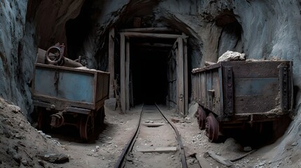 Dimly lit mine tunnel with two old ore carts parked alongside the rusty tracks, leading towards a dark entrance, and showing details of the rocky environment and weathered wooden supports.