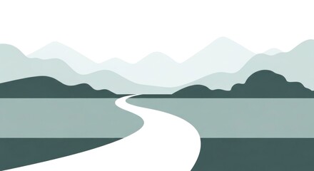 Obraz premium The image features a minimalist landscape composition, showcasing a winding white road leading towards distant mountains.