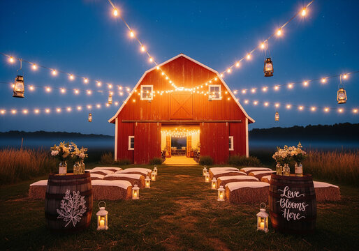 Rustic Red Barn Wedding Venue with String Lights and Hay Bale Seating 1.