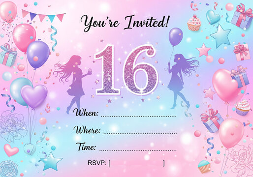 Sweet Sixteen Invitation Template with Balloons Gifts and Party Decorations.