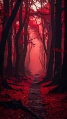 Atmospheric photo of a dark red forest, eerie lighting, and creepy surreal ambiance, evoking fantasy or horror vibes in a moody autumn landscape.