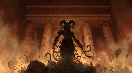 A formidable demonic entity with horns, stands menacingly before a crumbling classical structure engulfed in flames and debris, exuding an ominous atmosphere.