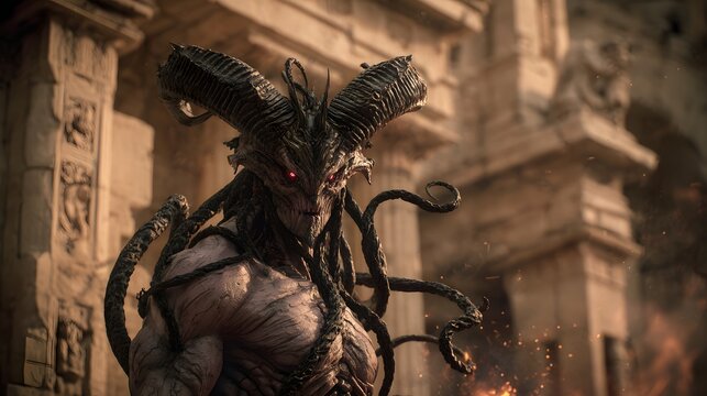 A fearsome, horned entity with glowing red eyes is captured amidst an ancient, crumbling architectural structure, its imposing presence radiating danger and mystery, suggesting an epic