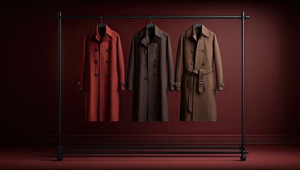 Three colorful, full-length trench coats of varying shades hanging on a rolling rack