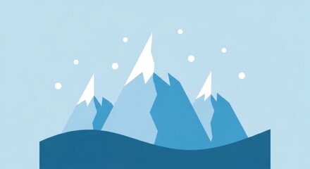 Graphic illustration presents a wintry landscape featuring stylized mountains covered in snow, set against a light blue background with gently falling snowflakes, showcasing a tranquil and serene...