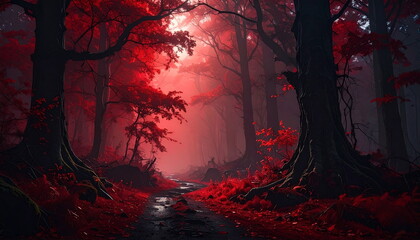 Atmospheric photo of a dark red forest, eerie lighting, and creepy surreal ambiance, evoking fantasy or horror vibes in a moody autumn landscape.