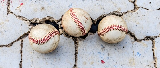 Three Worn Baseballs on Cracked Concrete Ground