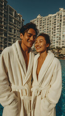 Asian couple in white bathrobes over swimwear standing by a luxury hotel poolside, romantic and stylish lifestyle travel scene with modern high-rise hotel background.