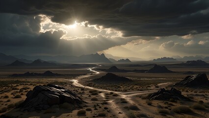 Dramatic desert landscape under a stormy sky with sun rays illuminating a winding path