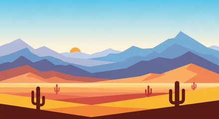 Vibrant flat design illustration depicts a desert landscape with layered mountains in the distance, showcasing a warm, sunset sky, and stylized cacti in the foreground, evoking a sense of calm and...