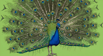 Obraz premium Vivid Peacock Displaying Its Extravagant Tail Feathers Against A Bright Green Background