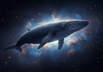 A majestic blue whale swims through a vibrant, colorful nebula in deep space, surrounded by stars and cosmic dust.