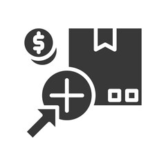 Glyph showing a plus sign in a circle with an arrow pointing to it next to coins and a box