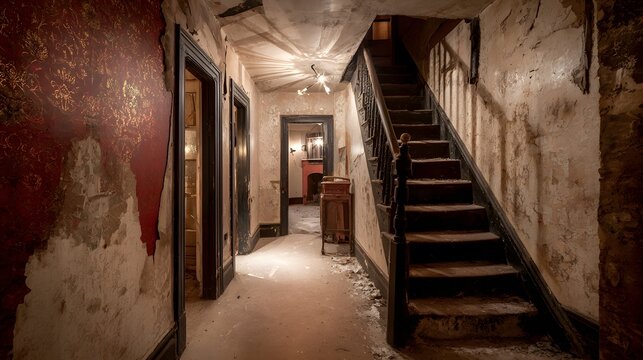 An old, deteriorating hallway in a dimly lit building is showcased, with a wooden staircase and peeling wallpaper highlighting the dilapidated state, creating a mysterious and unsettling atmosphere...
