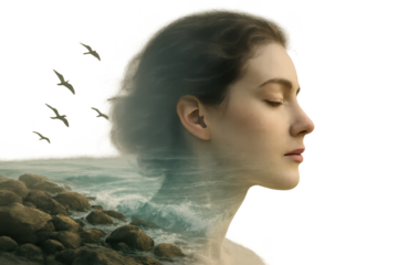 Dreamlike double exposure portrait blending a woman’s profile with rugged coastline turquoise waters and a flock of birds symbolizing resilience freedom and a deep connection to nature