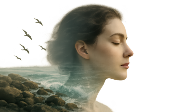 Dreamlike double exposure portrait blending a woman’s profile with rugged coastline turquoise waters and a flock of birds symbolizing resilience freedom and a deep connection to nature