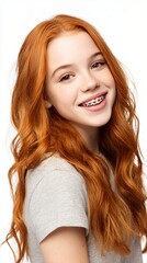 Naklejka premium Bright and cheerful young girl with long wavy red hair and braces, smiling happily against a clean white background. Perfect image for promoting joy and youthfulness.