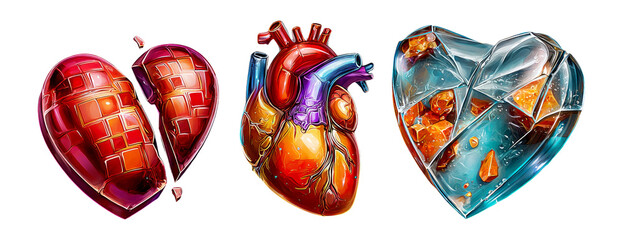 Three Colorful Heart Illustrations in 3D Style with Glossy Finish