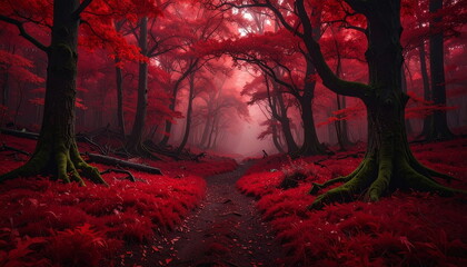 Atmospheric photo of a dark red forest, eerie lighting, and creepy surreal ambiance, evoking fantasy or horror vibes in a moody autumn landscape.