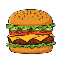 Flat Design American Cheeseburger with Fries, Vector Illustration with Bold Outlines, Isolated on White Background