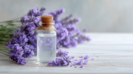 A sleek glass bottle filled with lavender oil sits beside fresh lavender flowers, creating a calming and serene atmosphere perfect for aromatherapy and relaxation practices.