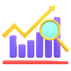 Three Dimensional Business Chart with Growing Arrow and Magnifying Glass on Transparent Background