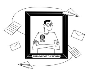 Framed portrait of employee of the month with surrounding mail and paper airplanes