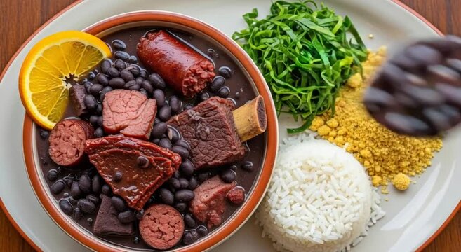 Close up of feijoada with black beans meat sausage rice greens and orange slice on plate