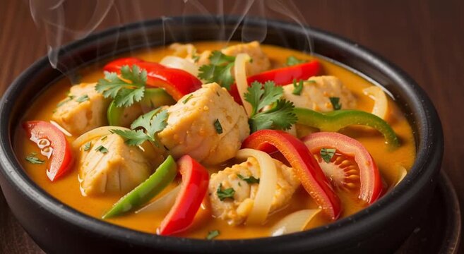 Close up of moqueca stew in a black bowl with fish tomatoes and peppers on wooden table