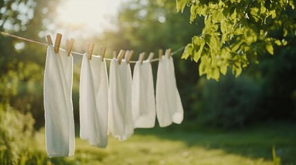 Towels drying on clothesline, sunny garden